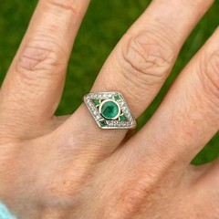 Art Deco Vintage Round Cut Lab Created Emerald & Diamond Wedding 925 Silver Ring