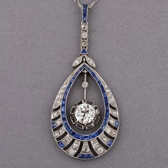 Art Deco Style Lab Created Diamond & Sapphire Wedding 14K White Gold FN Pendant