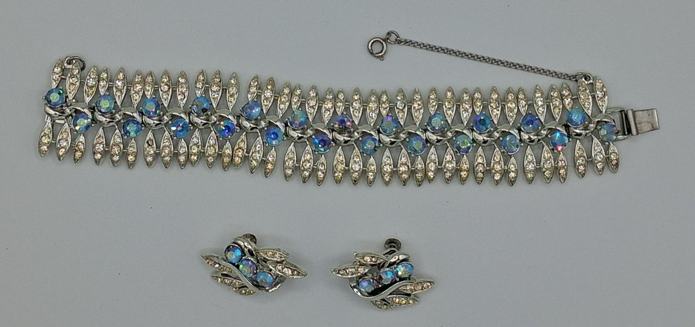 Vintage Francois Bracelet & Clip Earrings Set Silver Tone Blue Iridescent Stones