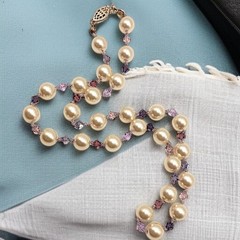 Vintage Purple Crystal Faux Pearl Necklace Beaded Hand Knotted Sterling Silver