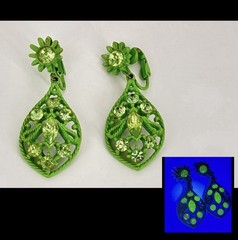 Vintage Uranium Lime Green Rhinestone Dangle Teardrop Enamel Earrings 2″ Long
