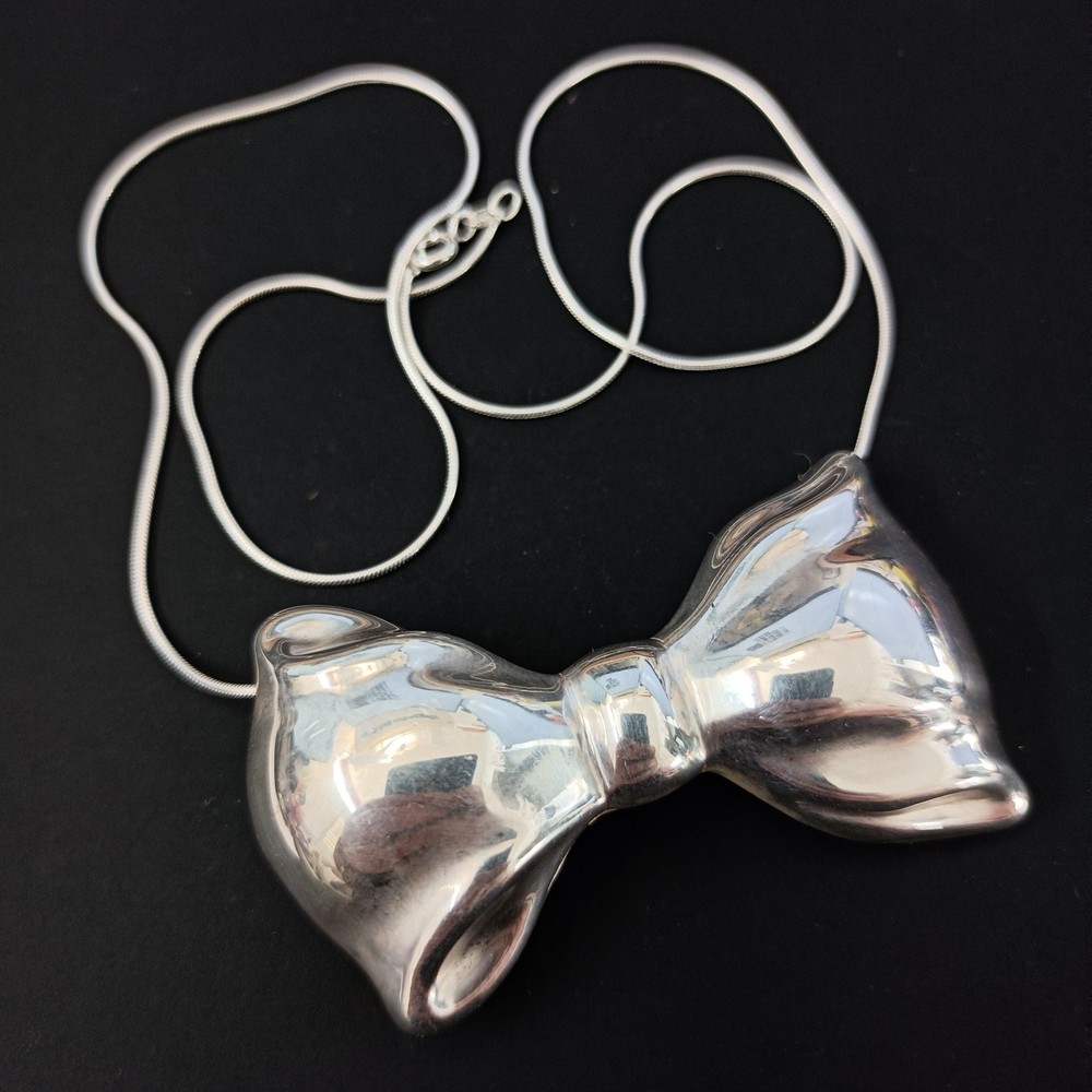 Vintage Sterling Silver Bow Necklace Brooch Puffy Tie Modernist 80s Israel Bold