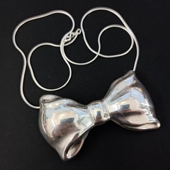 Vintage Sterling Silver Bow Necklace Brooch Puffy Tie Modernist 80s Israel Bold