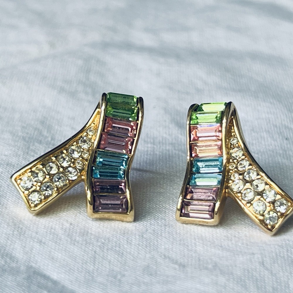 Vintage Swarovski Swan Signed Pastel Crystal Baguette Post Earrings