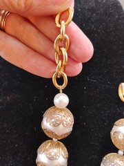 Vtg Big Faux Filigree Pearl Necklace Signed CRAFT Rose Gold Tone Rhinestone Bow
