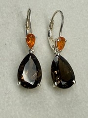 Sterling Silver 925 Fire Opal & Smoky Quartz Pear Cut Dangle Leverback Earrings