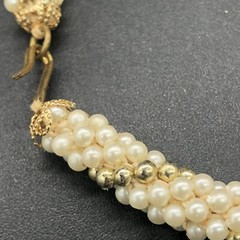 Vtg Faux Pearl Gold Woven Rope Necklace Matching Rope Hoop Earrings Screw Backs