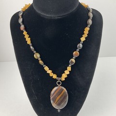 Vtg Genuine Brown Gold Tiger Iron Pendant Yellow Citrine Beaded Necklace Sz 17″