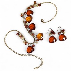 Chunky Classic Faceted Vibrant Amber Statement Everyday Necklace Earrings 19″