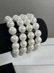 Vintage Multi Strand Faux Pearl Stretch Bracelet White Beaded Cuff Statement