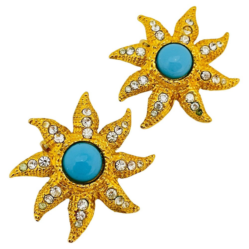 GRAZIANO signed vintage gold tone faux turquoise star designer clip on earrings