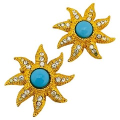 GRAZIANO signed vintage gold tone faux turquoise star designer clip on earrings