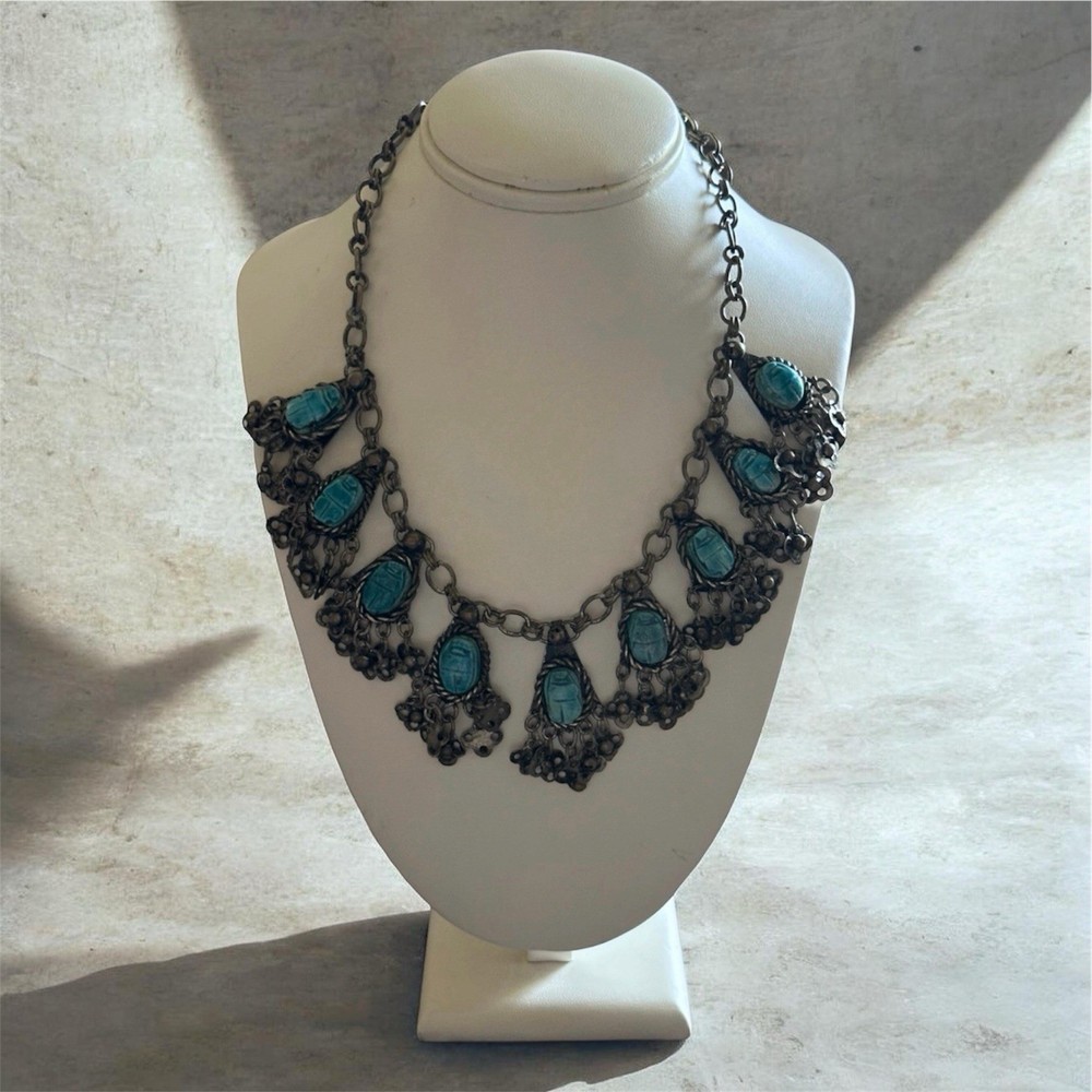 Vintage Egyptian Revival Scarab Beetle Necklace Turquoise Silver Tone Jewelry
