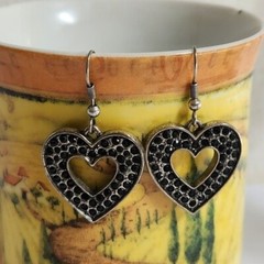 Vintage Silver Cubic Zirconia and Onyx Heart Drop
