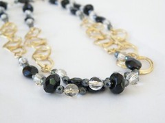 New Sterling Silver 925 Gold Over Black Stone Chunky Statement Necklace 36″