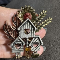 Tri-Colored Birdhouse Brooch Pin Sunflower Leaves Dangling Birds Fall Vintage