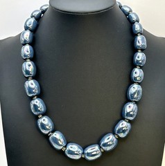 Vintage Iridescent Blue Peacock Glazed Ceramic Bead Necklace 100g 18”