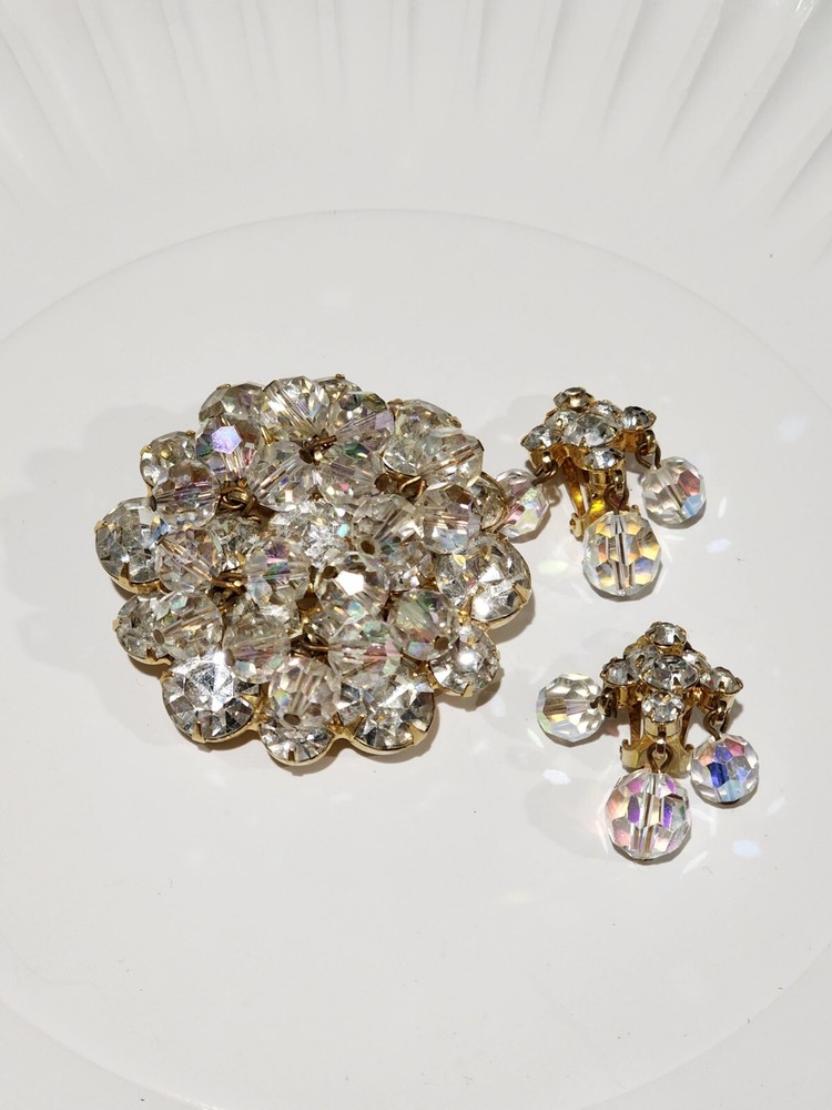 Juliana DE Delizza Elster Cha Cha Rhinestone Crystal Dangle Brooch and Earrings
