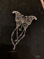 Vintage Butterfly Silver Tone Filigree Black Rhinestone Brooch Pin Marcasite