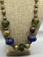 Vintage Blue Green Tumbled Glass Brass Beaded Necklace 24”