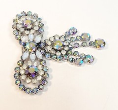 Vintage Givre Blue AB Rhinestone Large Bow Brooch Dangles Large