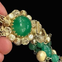 1950s Weiss? Multi Strand Faux Jade Cotton Pearl Crystal Bead Bib Necklace