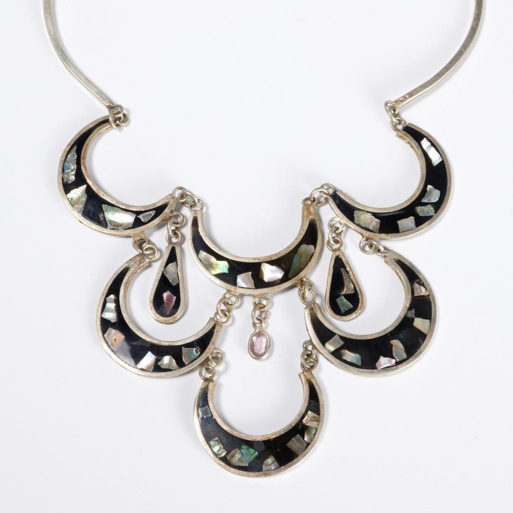Vintage Modernist Nickel Silver Shell Festoon Necklace Mexico Taxco Style