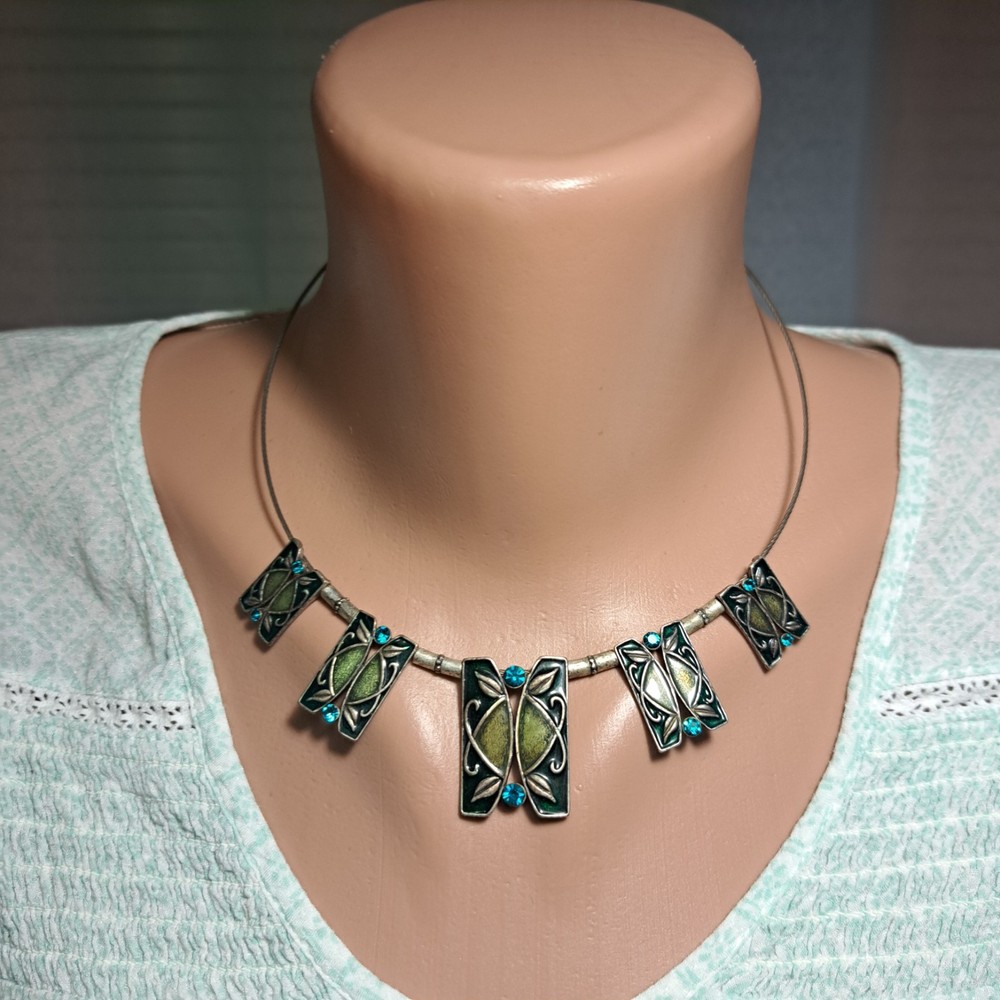 Vintage Czechoslovak Enamel Necklace | Turquoise Glass, 1980s Modernist 39 cm +