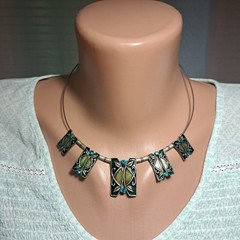 Vintage Czechoslovak Enamel Necklace | Turquoise Glass, 1980s Modernist 39 cm +