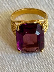 Vintage 1970s Stamped 18K H.G.E. Faux Amethyst Cocktail Ring Size 9