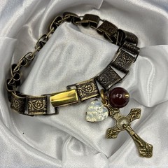 Vintage Japan Glass & Faux Opal Heart Charms, New Antiqued Gold Book Chain,Cross