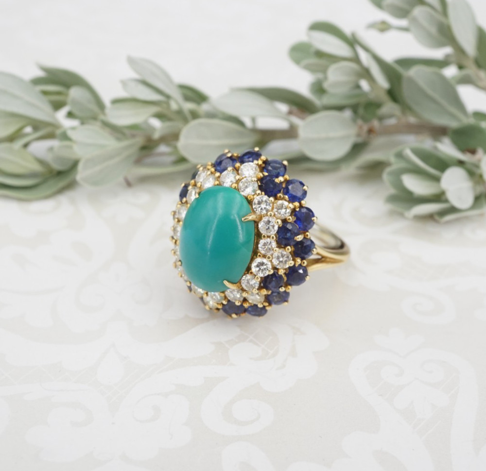 18k Vintage Turquoise Diamond Sapphire Cocktail Dome Ring Sz 6.5 Classic RG4800