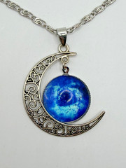 CRESCENT MOON BLUE GALAXY PENDANT NECKLACE SILVER TONE CHAIN CELESTIAL BOHO