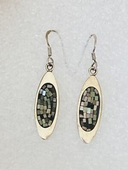 Vintage Sterling Silver Abalone Mother Of Pear Mosaic Oval Dangle Hook Earrings