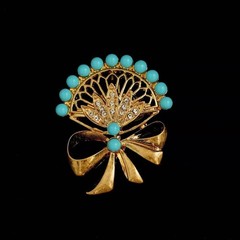 Vintage Turquoise Fan Earrings & Brooch Gold Statement Dangle Earrings Jewelry
