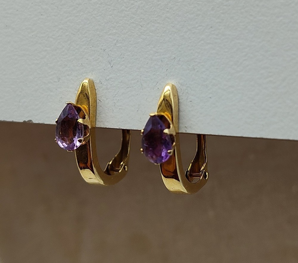 Vtg Hoop Amethyst Teardrop Stone 14k Solid Yellow Gold Post Earrings Dangle Drop