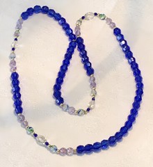 Gorgeous Long Blue Green Clear Crystal Necklace Gold Bead Accents 34” #195