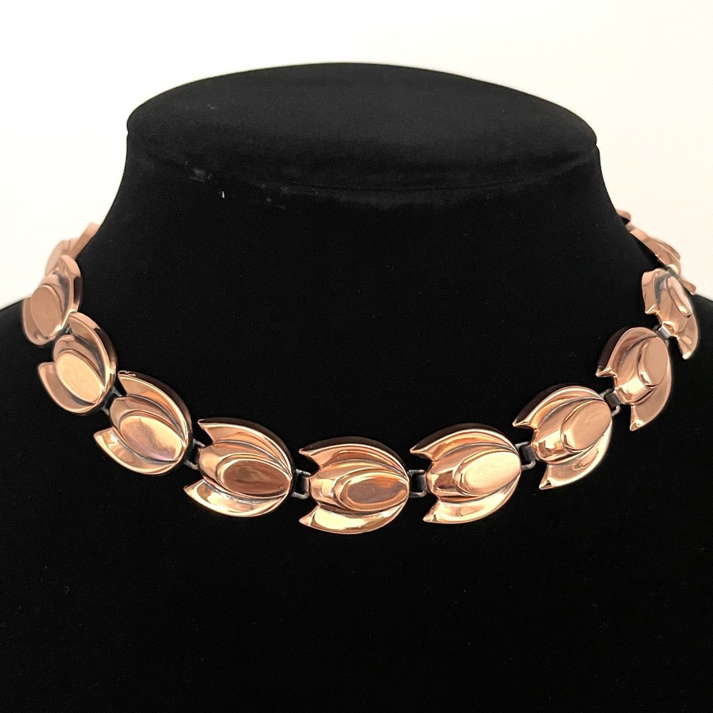 Vintage MCM Modernist Renoir Copper Tulip Link Choker Necklace 15 in Signed