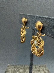 Vintage Braided Rope Clip On Earrings 1.5 In As Is Gold Pearl Twist Dangle Green