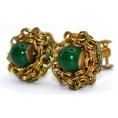 Signed Miriam Haskell 36″ Green Glass Bead Opera Necklace & Clip Earrings Set