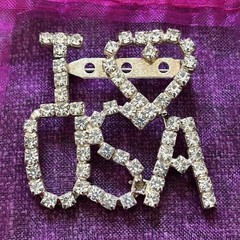 Patriotic I Heart Love USA America Flag Rhinestones Prong Set Silver Tone ‘READ