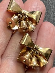 Vintage Brass Bow Bell Charm Dangle Screw Back Earrings