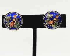 Cloisonné Small Butterfly & Flowers Round Blue Enamel Gold Tone Clip On Earrings