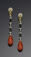 Antique Art Deco Red Coral, Onyx and CZ Earrings Cocktail Drop New Earrings