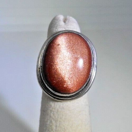 Vintage Artisan Big 21mm Cabochon Sunstone Ring Sterling Silver Size 4.75