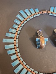 1950s Matisse Renoir ‘Peter Pan’ Blue Enamel Copper Necklace & Clip-on Earrings