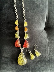 Vintage Necklace & Earrings FAUX Amber Multiple Colors With inclusions