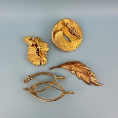 Vintage Designer Brooch Lot Gold Tone Textured Brushed Leaf Wishbone Signed
