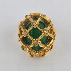 Vintage Green Glass Dome Ring Gold Tone Rhinestone Lattice Cocktail