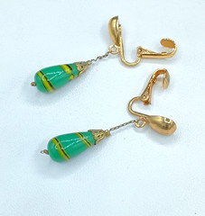Vintage Venetian Glass Clip Earrings Dangle Hook Green Yellow Striped Cone 1.75″